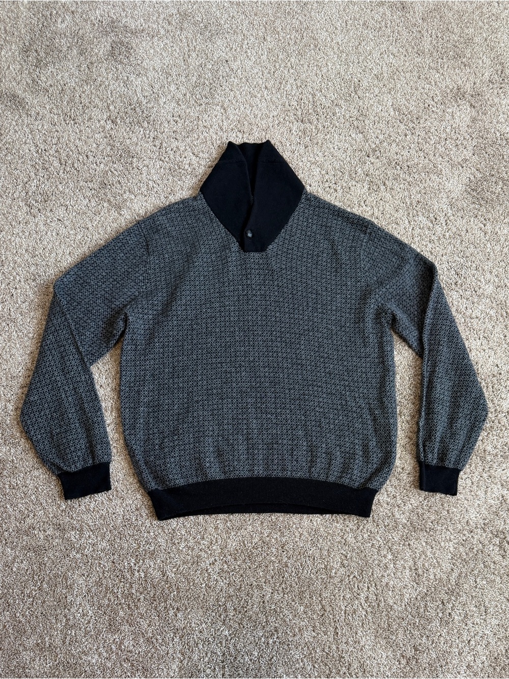 Jos. A Bank black Grey Shawl Collar Wool Blend Sweater Large Check Winter Soft